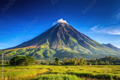 Mountain peak of Mount Apo against a clear blue sky at sunrise