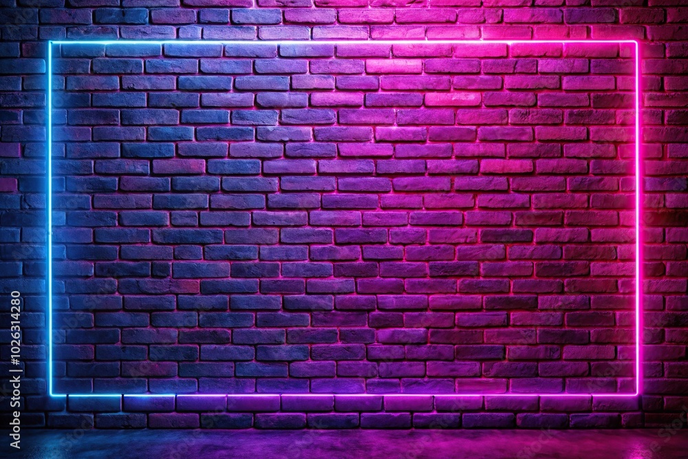 Neon lighting on a brick wall background Wide-Angle Neon lighting on a brick wall background Wide-Angle