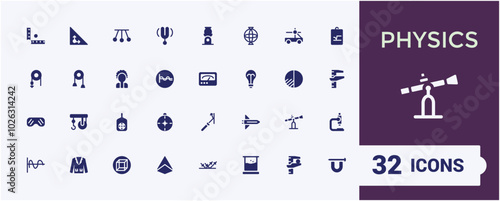 Physics solid icons set. Related to spaceship, microscope, satellite, laboratory, scientist, globe and more. Glyph filled icons collection. Vector illustration.