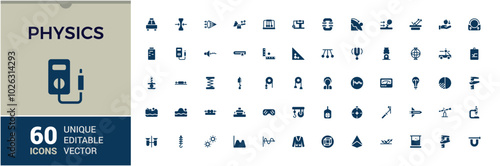 Physics solid icons set. Related to microscope, satellite, atom, laboratory, scientist, astronomy, globe and more. Editable Filled icon collection. Pxel perfect.