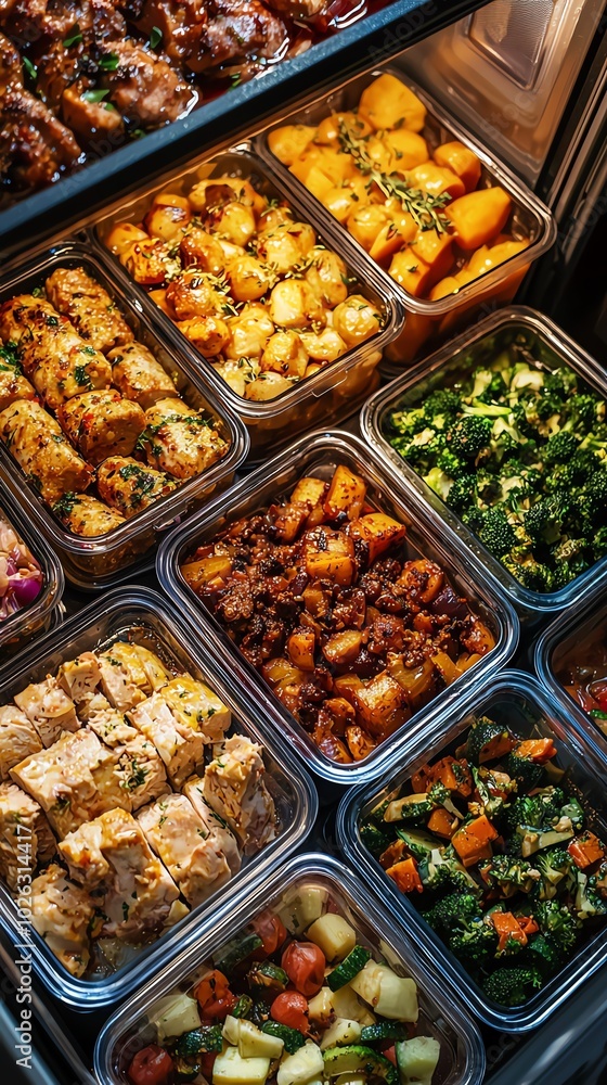 Obraz premium Multiple meal prep boxes arranged in a refrigerator, showcasing a week's worth of prepared meals