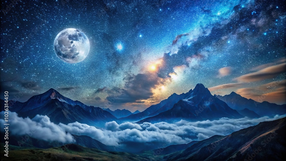 Mountainous landscape under starry night with moon Low Angle Mountainous landscape under starry night with moon Low Angle