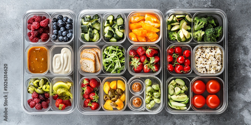 Bento-style meal prep containers with a variety of finger foods, fresh fruits, and dipping sauces Bento-style meal prep containers with a variety of finger foods, fresh fruits, and dipping sauces