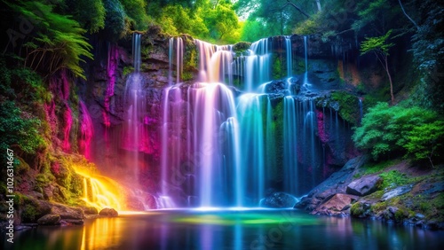 Neon waterfall cascading down cliff in deep forest emitting ethereal colors