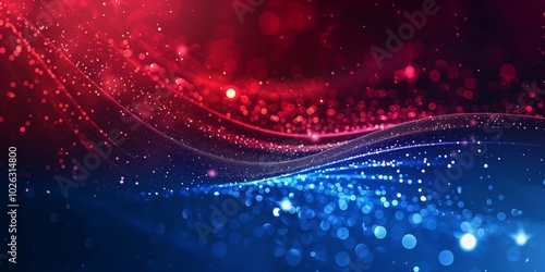 Abstract light particles in red and blue with a bokeh effect, forming smooth flowing curves on a dark background, creating a futuristic and vibrant visual composition