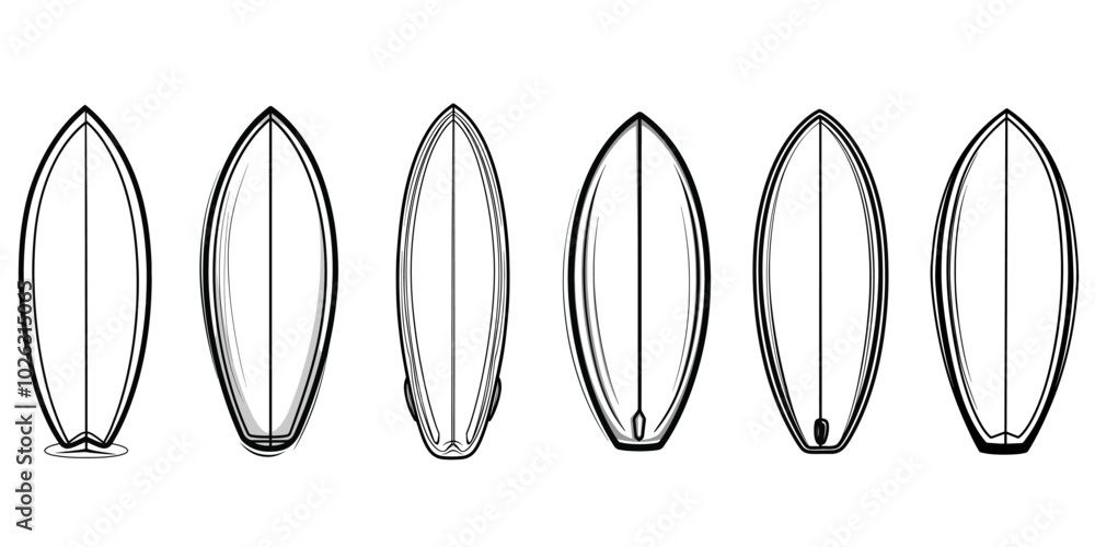set of several vector surfboard outlines on a white background for coloring