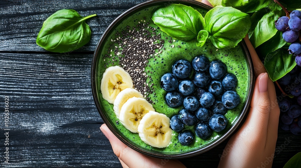 A close-up of a green smoothie bowl topped with banana slices, blueberries, and chia seeds. The bowl is held by hands and set against a dark wooden background. A close-up of a green smoothie bowl topped with banana slices, blueberries, and chia seeds. The bowl is held by hands and set against a dark wooden background.