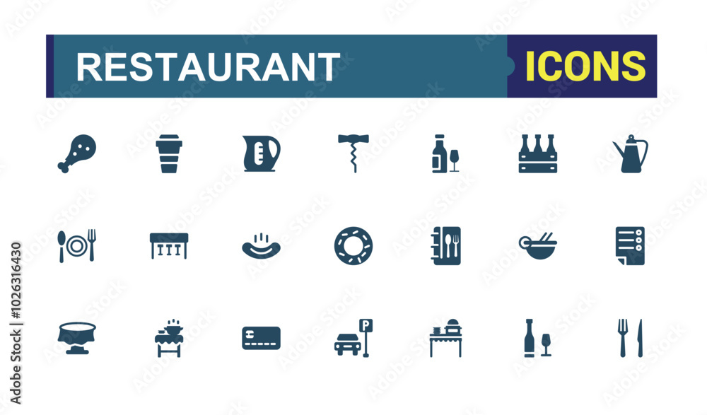 Set of solid Restaurant icons. Containing cooking, menu, dining and dinner flat icon collection. Editable filled symbol pack. Pixel perfect. Set of solid Restaurant icons. Containing cooking, menu, dining and dinner flat icon collection. Editable filled symbol pack. Pixel perfect.