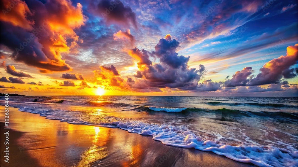 Ocean sunset waves washing in over the sand with strong colors and clouds