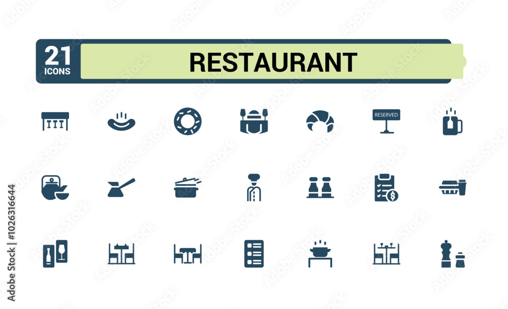 Set of solid Restaurant icons. Containing cooking, menu, dining and dinner flat icon collection. Editable filled symbol pack. Pixel perfect. Set of solid Restaurant icons. Containing cooking, menu, dining and dinner flat icon collection. Editable filled symbol pack. Pixel perfect.