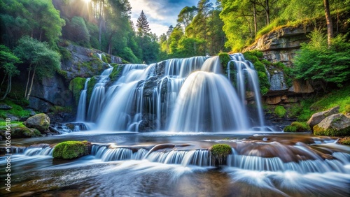 Mountain river waterfall close-up in forest