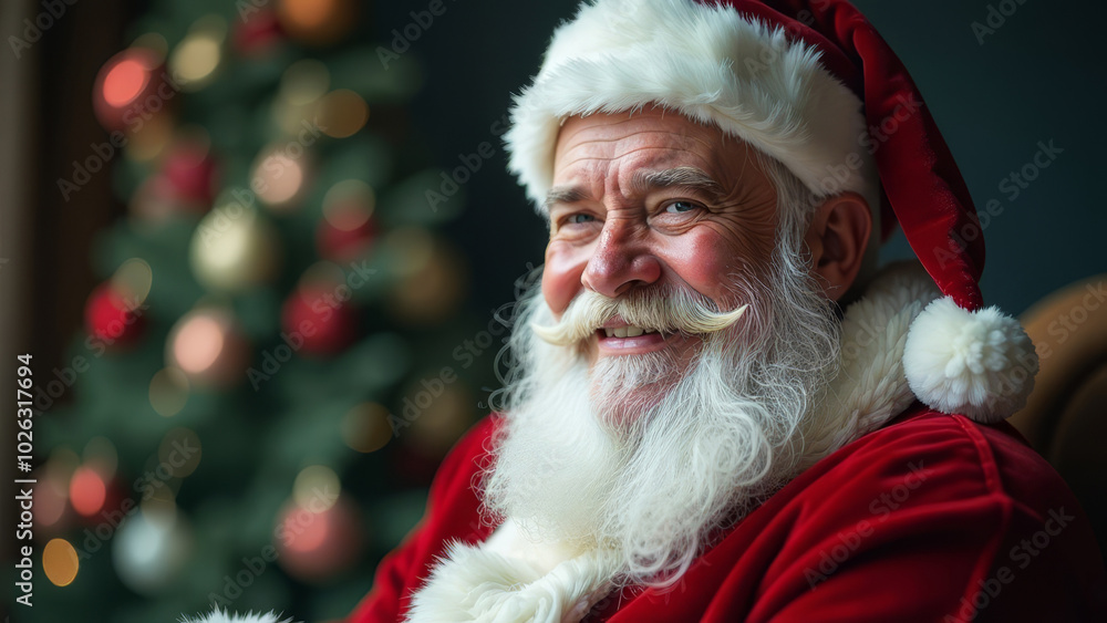 Naklejka premium Happy cheerful Santa Claus looking at camera and smiling. Celebrating Christmas, New Year.
