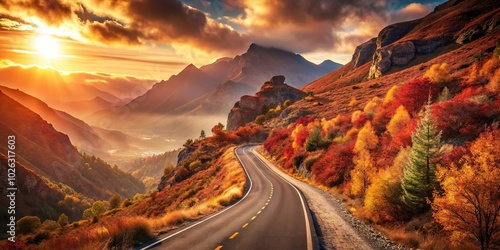 Mountain road surrounded by serene landscape, bathed in warm red and yellow tones