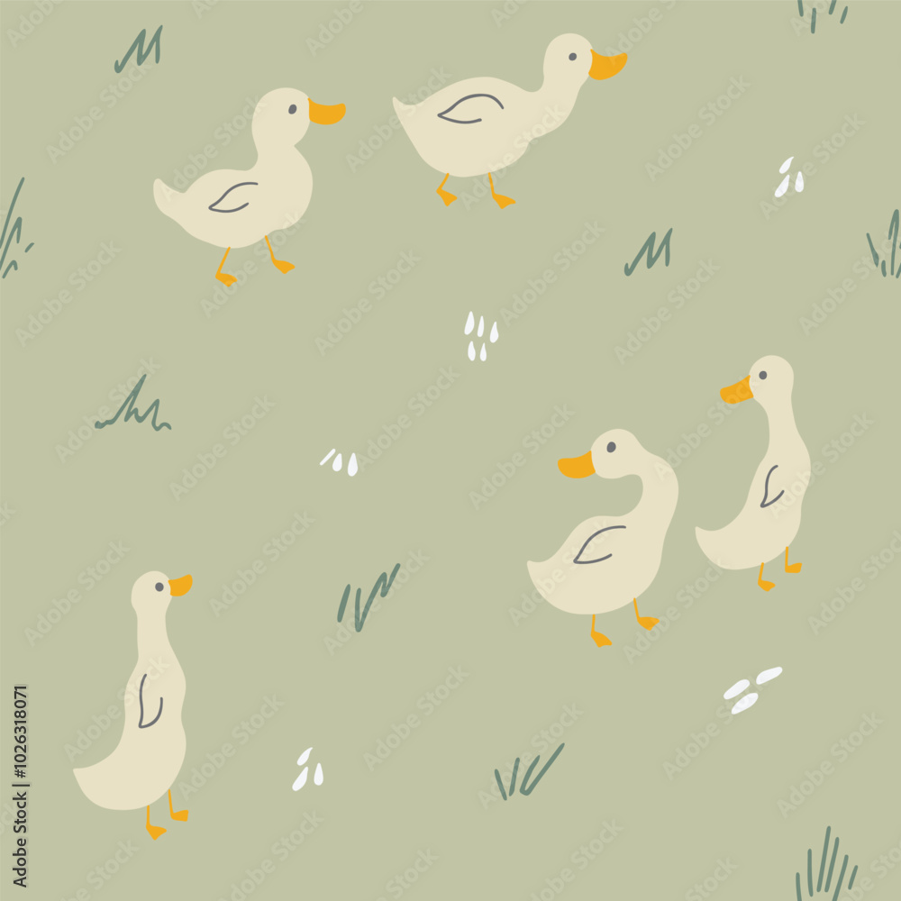 Fototapeta premium Cute Cartoon Duck Seamless Pattern, Vector Illustration Background