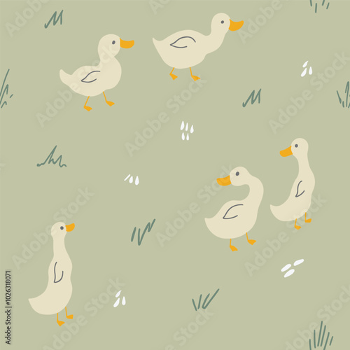 Cute Cartoon Duck Seamless Pattern, Vector Illustration Background
