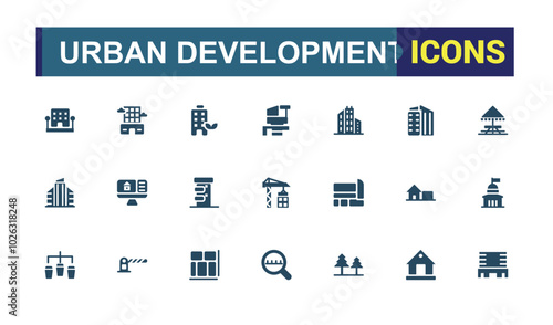 Urban development solid style icons bundel. Related to building, constraction, hospital, fountain, cityscape, company and more. Editable filled icon collection. Pixel perfect.