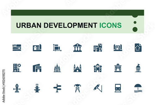 Urban development solid style icons bundel. Related to building, constraction, hospital, fountain, cityscape, company and more. Editable filled icon collection. Pixel perfect.