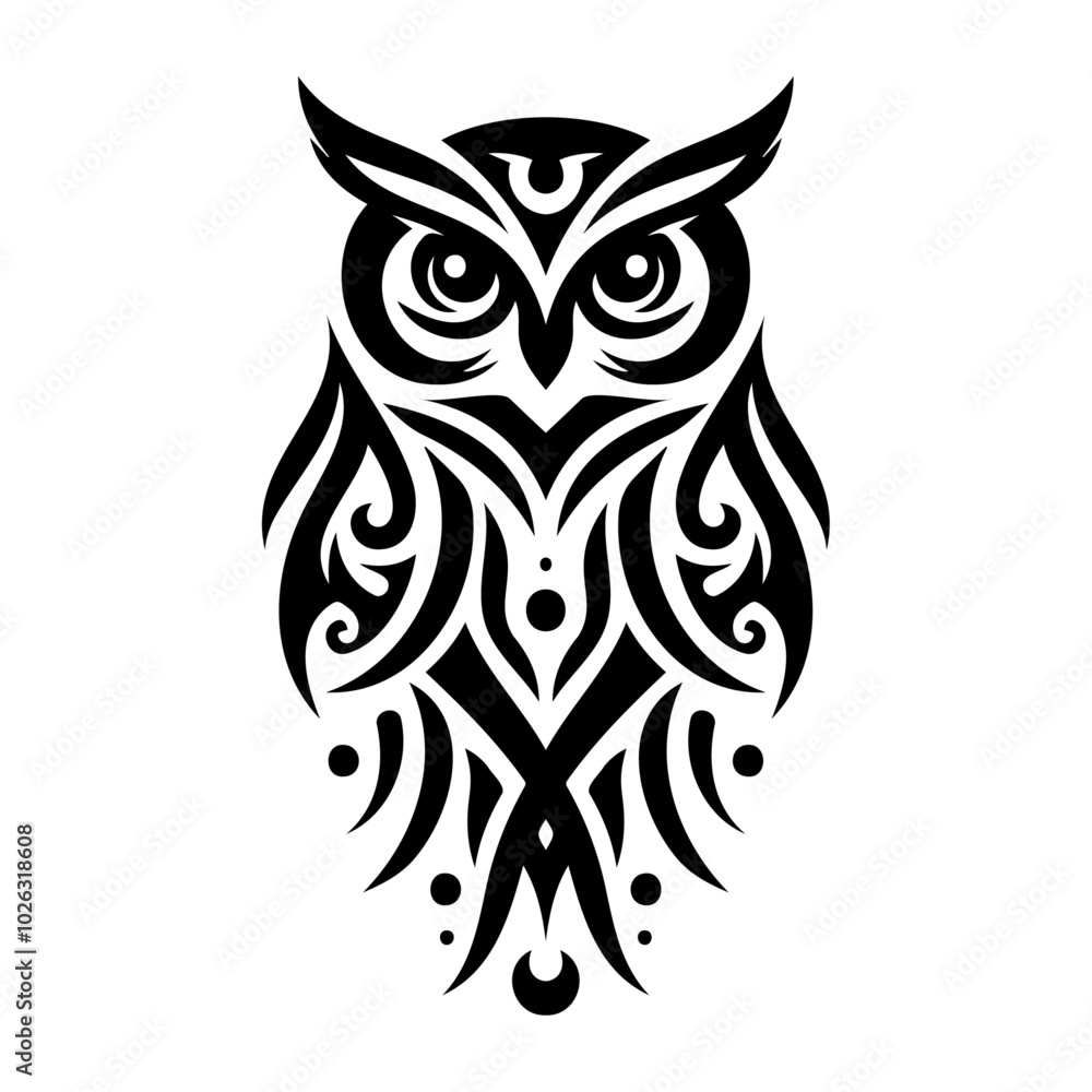 Obraz premium An owl silhouette in tribal tattoo style, showcasing bold lines and intricate patterns. This symmetrical design captures the powerful spirit of the owl. Ideal for tattoo and tribal art themes.