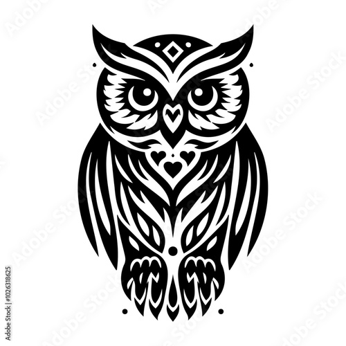 An owl silhouette in tribal tattoo style, showcasing bold lines and intricate patterns. This symmetrical design captures the powerful spirit of the owl. Ideal for tattoo and tribal art themes.