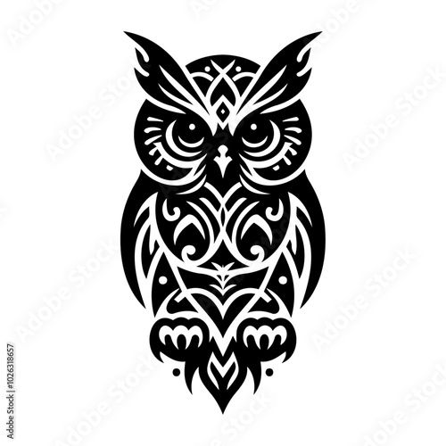 An owl silhouette in tribal tattoo style, showcasing bold lines and intricate patterns. This symmetrical design captures the powerful spirit of the owl. Ideal for tattoo and tribal art themes.