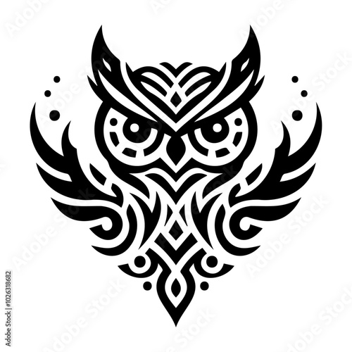 An owl silhouette in tribal tattoo style, showcasing bold lines and intricate patterns. This symmetrical design captures the powerful spirit of the owl. Ideal for tattoo and tribal art themes.