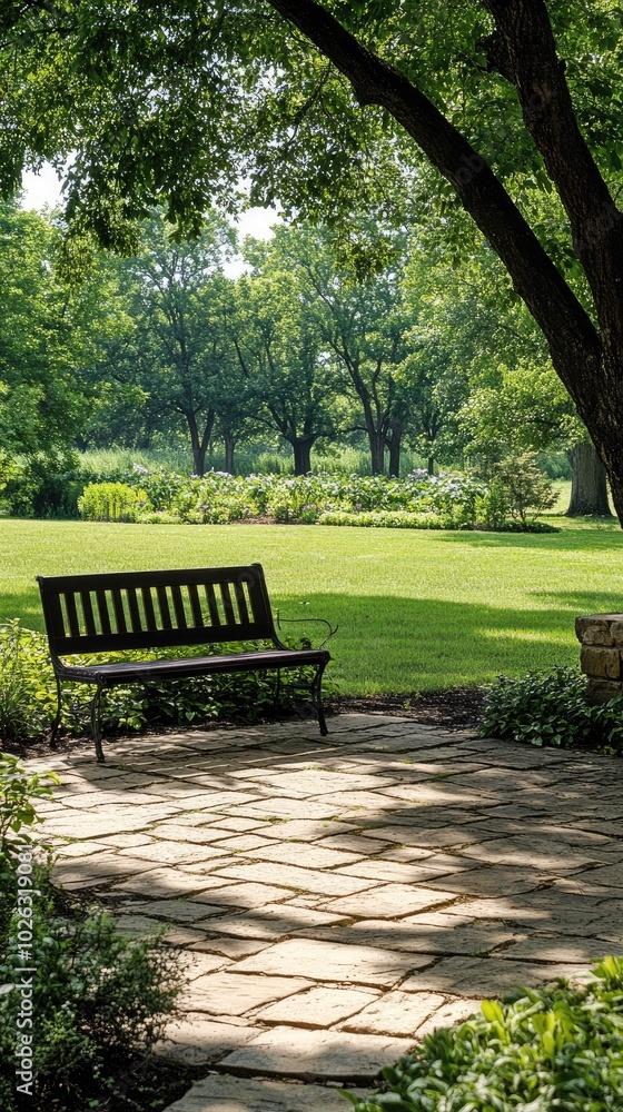 Empty bench sitting on stone patio in tranquil garden setting Empty bench sitting on stone patio in tranquil garden setting