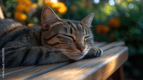 Ginger tabby cat sleeping peacefully on a wooden bench