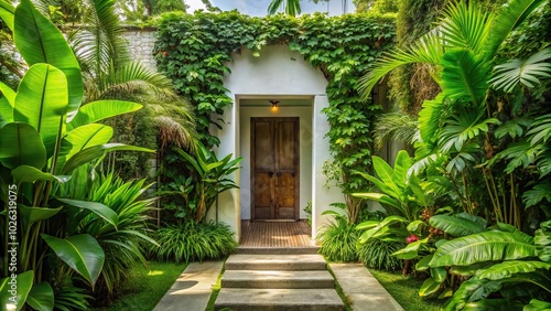 Overgrown entrance to white villa in Bali surrounded by green tropical plants