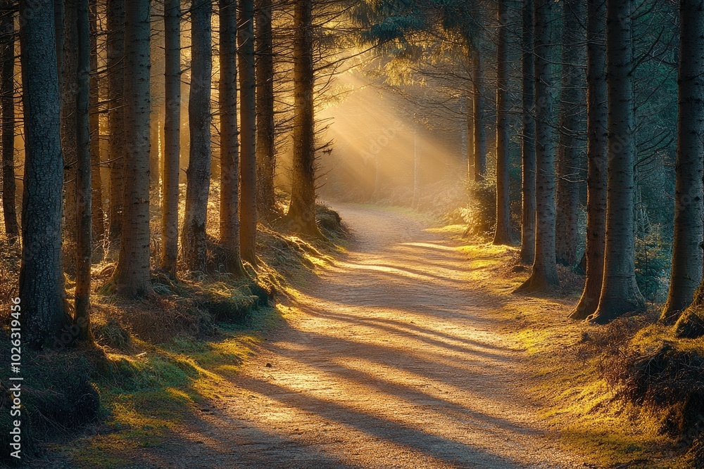 Fototapeta premium Sun shining through trees on path in lush green forest