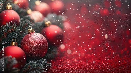 Christmas tree branch with red ornaments lying on red glitter background with falling snow