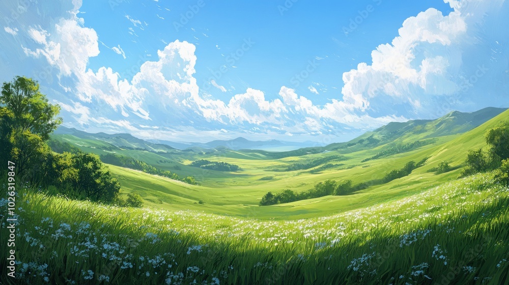 A panoramic view of a rolling green valley with white flowers in the foreground and a blue sky with white clouds overhead. A panoramic view of a rolling green valley with white flowers in the foreground and a blue sky with white clouds overhead.