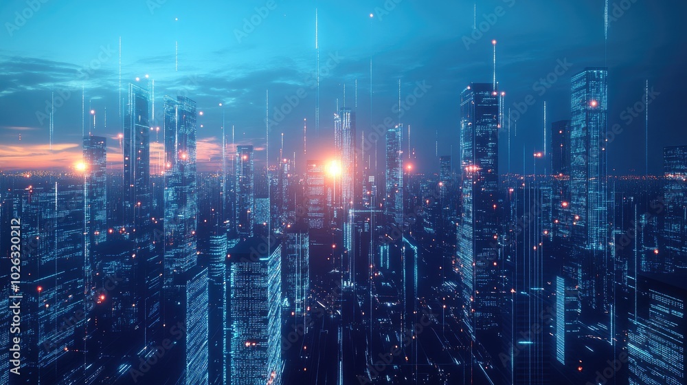 Futuristic Cityscape with Glowing Digital Lines and Red Lights Futuristic Cityscape with Glowing Digital Lines and Red Lights