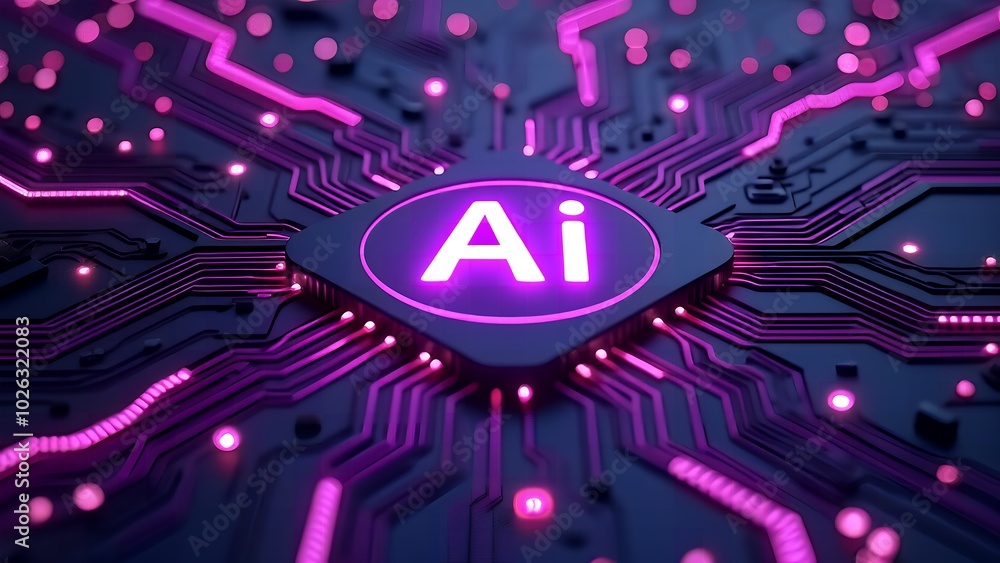 Glowing AI chip and thin circuits on tech background futuristic semiconductor tech onboard Glowing AI chip and thin circuits on tech background futuristic semiconductor tech onboard