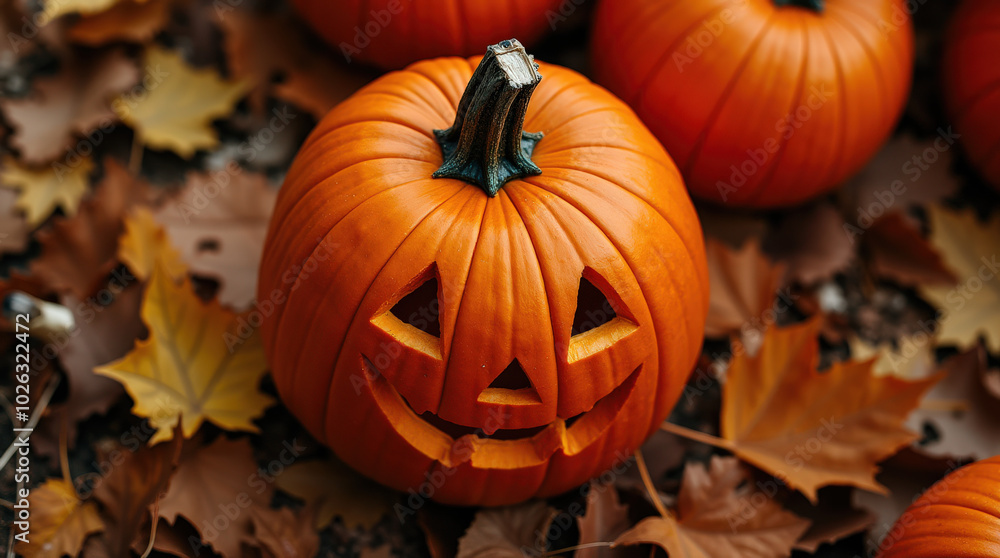 Festive Halloween Jack-O’-Lantern Pumpkins in Fall Leaves - Autumn Halloween Decoration and Carving Ideas Festive Halloween Jack-O’-Lantern Pumpkins in Fall Leaves - Autumn Halloween Decoration and Carving Ideas