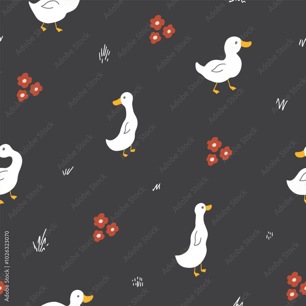 Obraz premium Cute Cartoon Duck Seamless Pattern, Vector Illustration Background