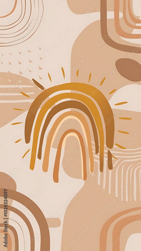 Abstract sun rainbow posters. Boho contemporary backgrounds, beige covers trendy mid century style. Geometric vector wall decor. Abstract sun rainbow posters. Boho contemporary backgrounds, beige covers trendy mid century style. Geometric vector wall decor.