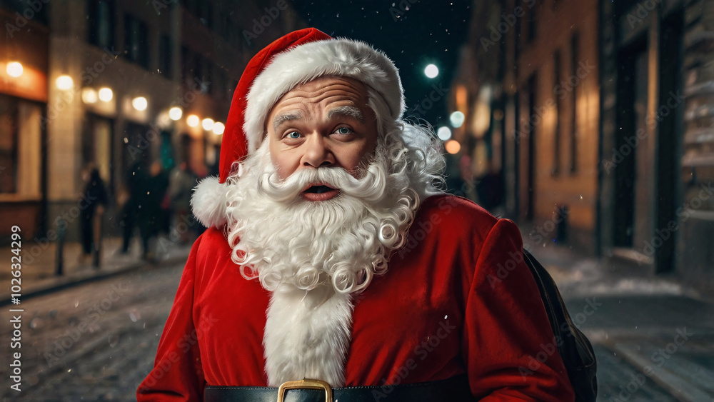 Pretty happy Santa Claus in a suit in a bar with a glass of beer at night. Modern concept for celebrating Christmas and New Year. Place space for text Pretty happy Santa Claus in a suit in a bar with a glass of beer at night. Modern concept for celebrating Christmas and New Year. Place space for text