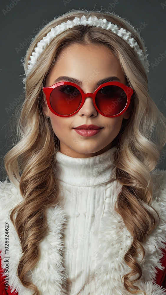 Portrait of a beautiful woman model in a Santa Claus costume with a red hat and sunglasses. Modern concept of Christmas and New Year celebration
Portrait of a beautiful woman model in a Santa Claus costume with a red hat and sunglasses. Modern concept of Christmas and New Year celebration