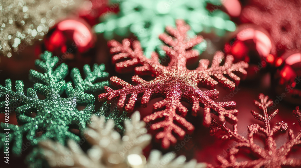 Festive red and green snowflakes create vibrant Christmas atmosphere, surrounded by shimmering decorations that evoke holiday cheer and joy Festive red and green snowflakes create vibrant Christmas atmosphere, surrounded by shimmering decorations that evoke holiday cheer and joy