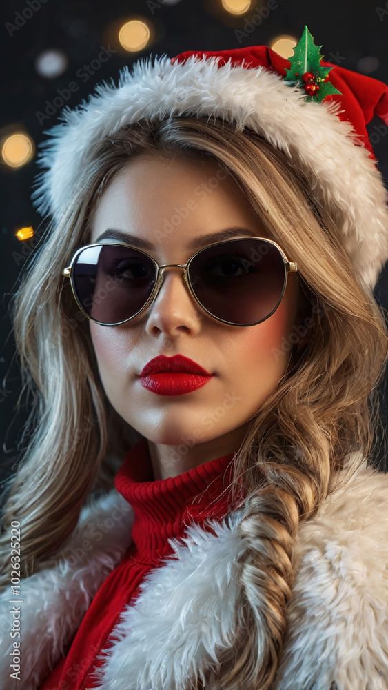 Portrait of a beautiful woman model in a Santa Claus costume with a red hat and sunglasses. Modern concept of Christmas and New Year celebration
Portrait of a beautiful woman model in a Santa Claus costume with a red hat and sunglasses. Modern concept of Christmas and New Year celebration