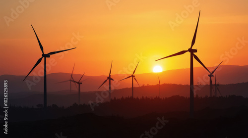 Stunning Wind Turbines Silhouetted Against a Sunset in a Countryside Landscape | Renewable Energy and Clean Power Generation