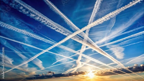 Multiple airplane contrails intersecting in the sky photo