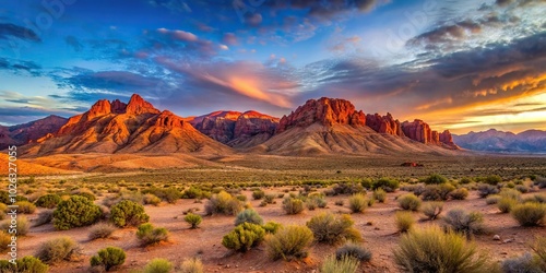 Panoramic desert landscape at dusk in Nevada with red rock canyon