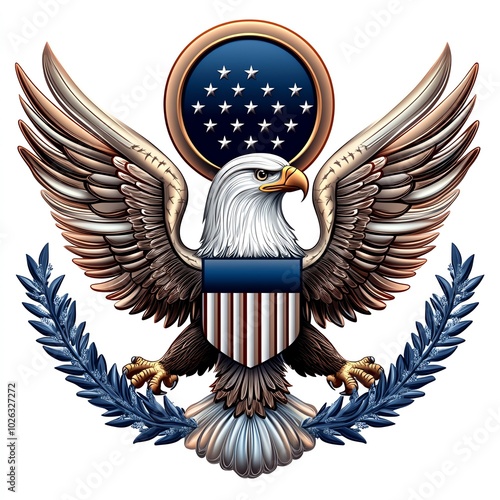 A detailed emblem featuring an eagle with wings spread, clutching arrows and an olive branch, representing the United States' strength and peace.