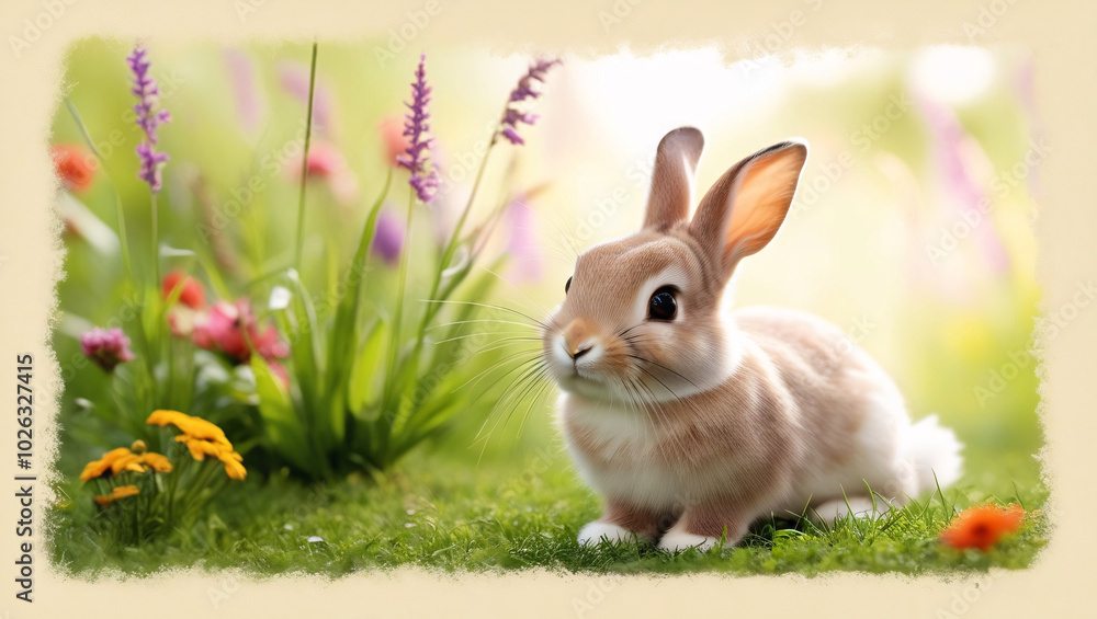 Fototapeta premium A charming rabbit explores a lush meadow, depicted in a delightful photostock image on a light cream background