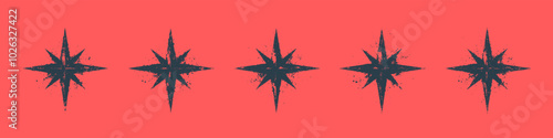 Grunge Style Textured 8 Pointed Stars Vector Set Isolated on Red Background. Abstract Grungy Mysterious Esoteric Star Clipart Design Elements Collection. Mystical Magical Symbols Art Illustration