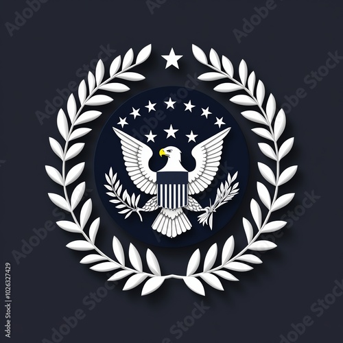 A stylized emblem featuring an eagle within a laurel wreath, representing national strength and unity.