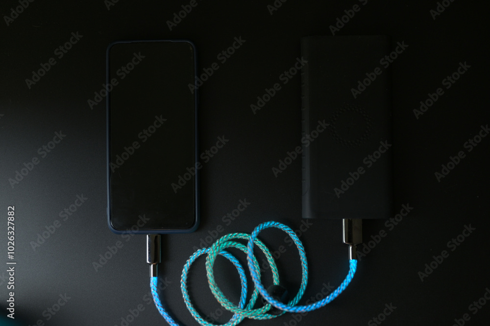 smartphone charging from a powerbank with LEDs on a black background smartphone charging from a powerbank with LEDs on a black background