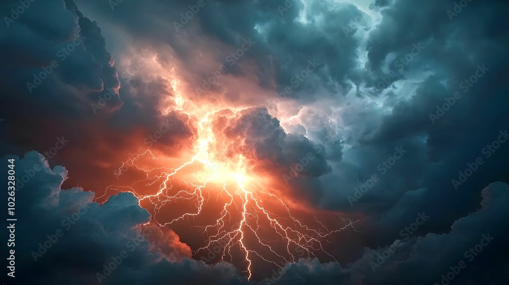 A dramatic scene showcasing a storm with dark clouds illuminated by vivid lightning, creating an intense and electrifying atmosphere. A dramatic scene showcasing a storm with dark clouds illuminated by vivid lightning, creating an intense and electrifying atmosphere.