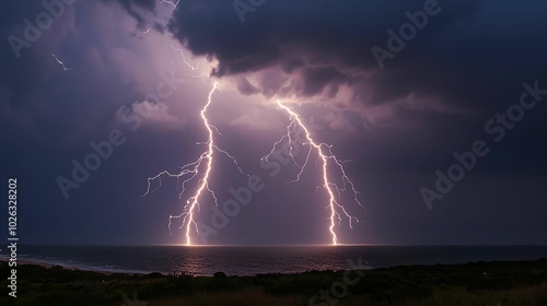 Lightning strikes illuminate a dark stormy sky over the ocean, showcasing nature's raw power and beauty in an electrifying display.